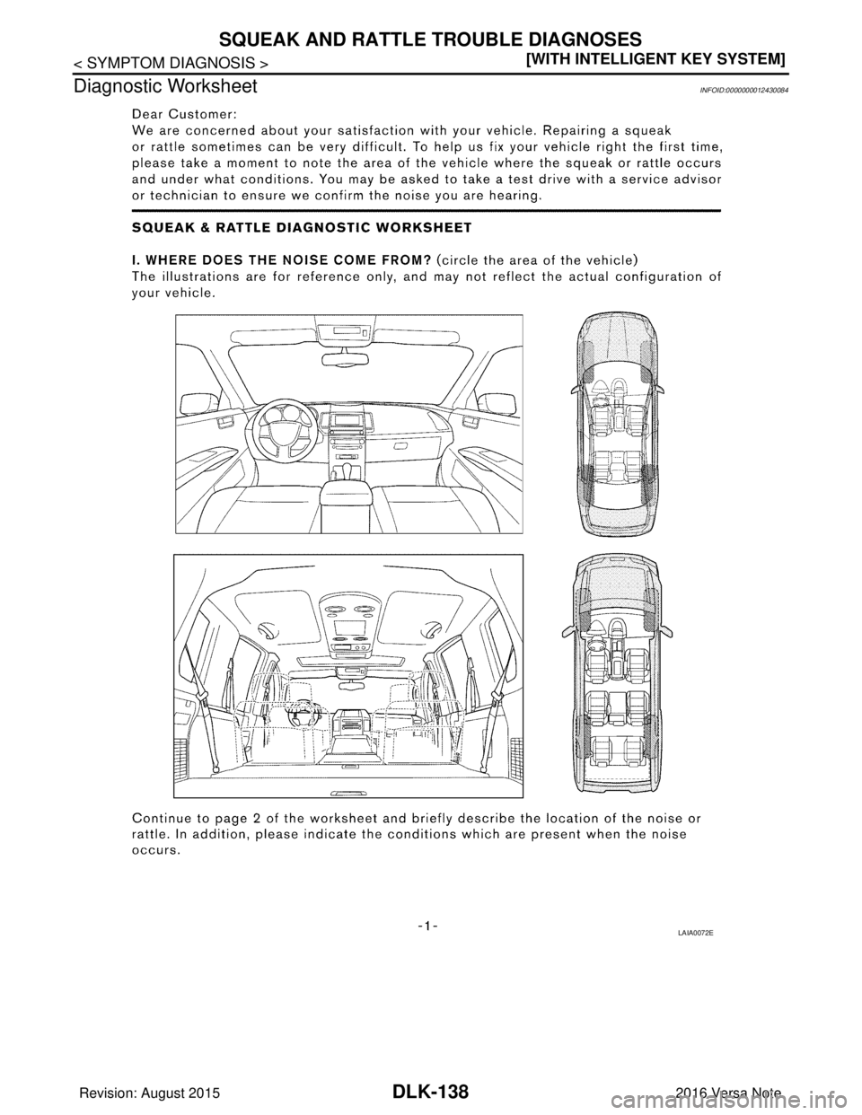 NISSAN NOTE 2016  Service Repair Manual DLK-138
< SYMPTOM DIAGNOSIS >[WITH INTELLIGENT KEY SYSTEM]
SQUEAK AND RATTLE TROUBLE DIAGNOSES
Diagnostic Worksheet
INFOID:0000000012430084
LAIA0072E
Revision: August 2015 2016 Versa Note

cardiagn.co