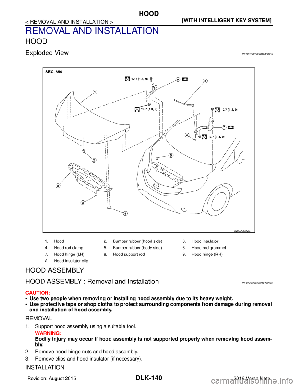 NISSAN NOTE 2016  Service Repair Manual DLK-140
< REMOVAL AND INSTALLATION >[WITH INTELLIGENT KEY SYSTEM]
HOOD
REMOVAL AND INSTALLATION
HOOD
Exploded ViewINFOID:0000000012430085
HOOD ASSEMBLY
HOOD ASSEMBLY : Removal and InstallationINFOID:0