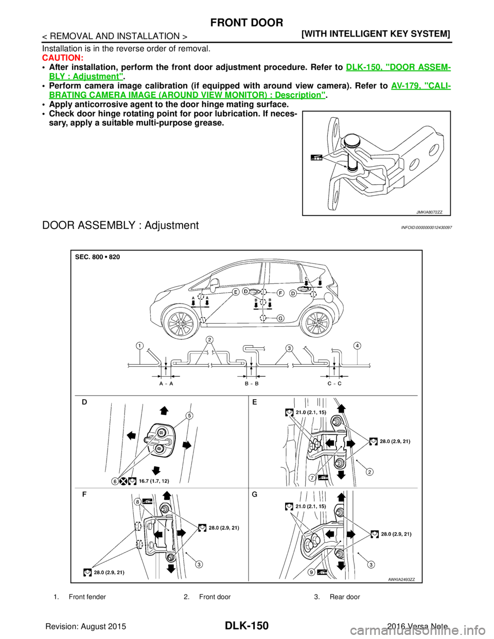 NISSAN NOTE 2016  Service Repair Manual DLK-150
< REMOVAL AND INSTALLATION >[WITH INTELLIGENT KEY SYSTEM]
FRONT DOOR
Installation is in the reverse order of removal.
CAUTION:
• After installation, perform the front 
door adjustment proced