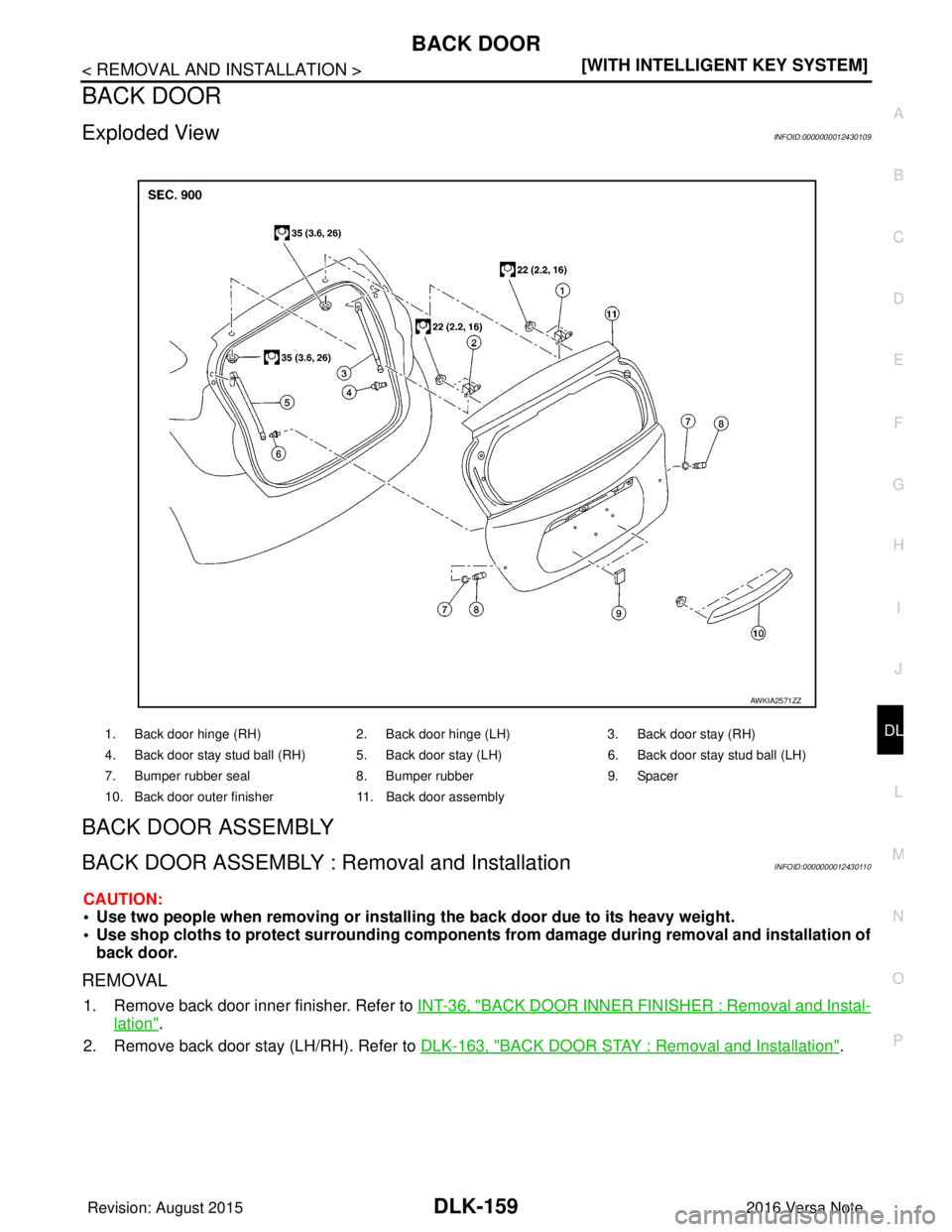 NISSAN NOTE 2016  Service Repair Manual BACK DOORDLK-159
< REMOVAL AND INSTALLATION > [WITH INTELLIGENT KEY SYSTEM]
C
D
E
F
G H
I
J
L
M A
B
DLK
N
O P
BACK DOOR
Exploded ViewINFOID:0000000012430109
BACK DOOR ASSEMBLY
BACK DOOR ASSEMBLY : Re 