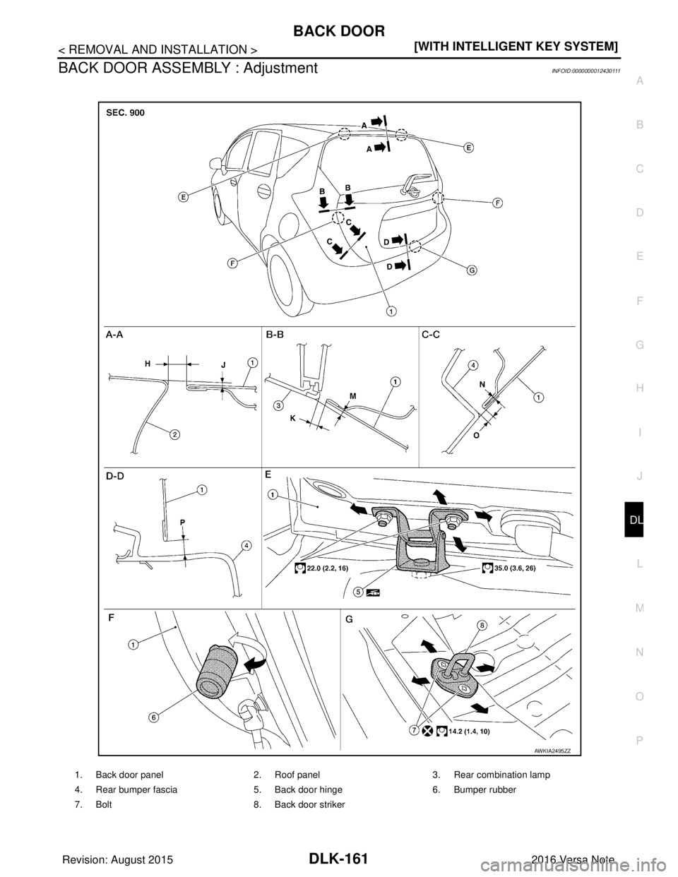 NISSAN NOTE 2016  Service Repair Manual BACK DOORDLK-161
< REMOVAL AND INSTALLATION > [WITH INTELLIGENT KEY SYSTEM]
C
D
E
F
G H
I
J
L
M A
B
DLK
N
O P
BACK DOOR ASSEMBLY : AdjustmentINFOID:0000000012430111
1. Back door panel 2. Roof panel3. 