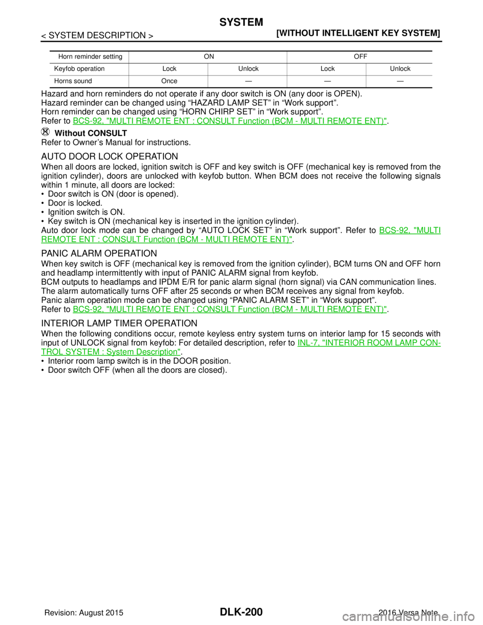 NISSAN NOTE 2016  Service Repair Manual DLK-200
< SYSTEM DESCRIPTION >[WITHOUT INTELLIGENT KEY SYSTEM]
SYSTEM
Hazard and horn reminders do not operate if any door switch is ON (any door is OPEN).
Hazard reminder can be changed using “HAZA