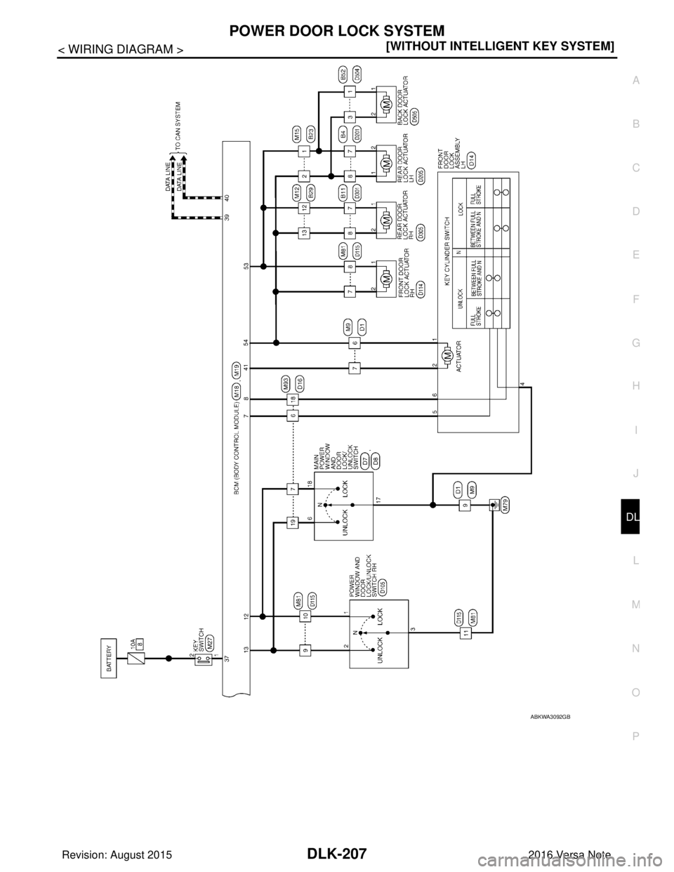 NISSAN NOTE 2016  Service Repair Manual POWER DOOR LOCK SYSTEMDLK-207
< WIRING DIAGRAM > [WITHOUT INTELLIGENT KEY SYSTEM]
C
D
E
F
G H
I
J
L
M A
B
DLK
N
O P
ABKWA3092GB
Revision: August 2015 2016 Versa Note

cardiagn.com  