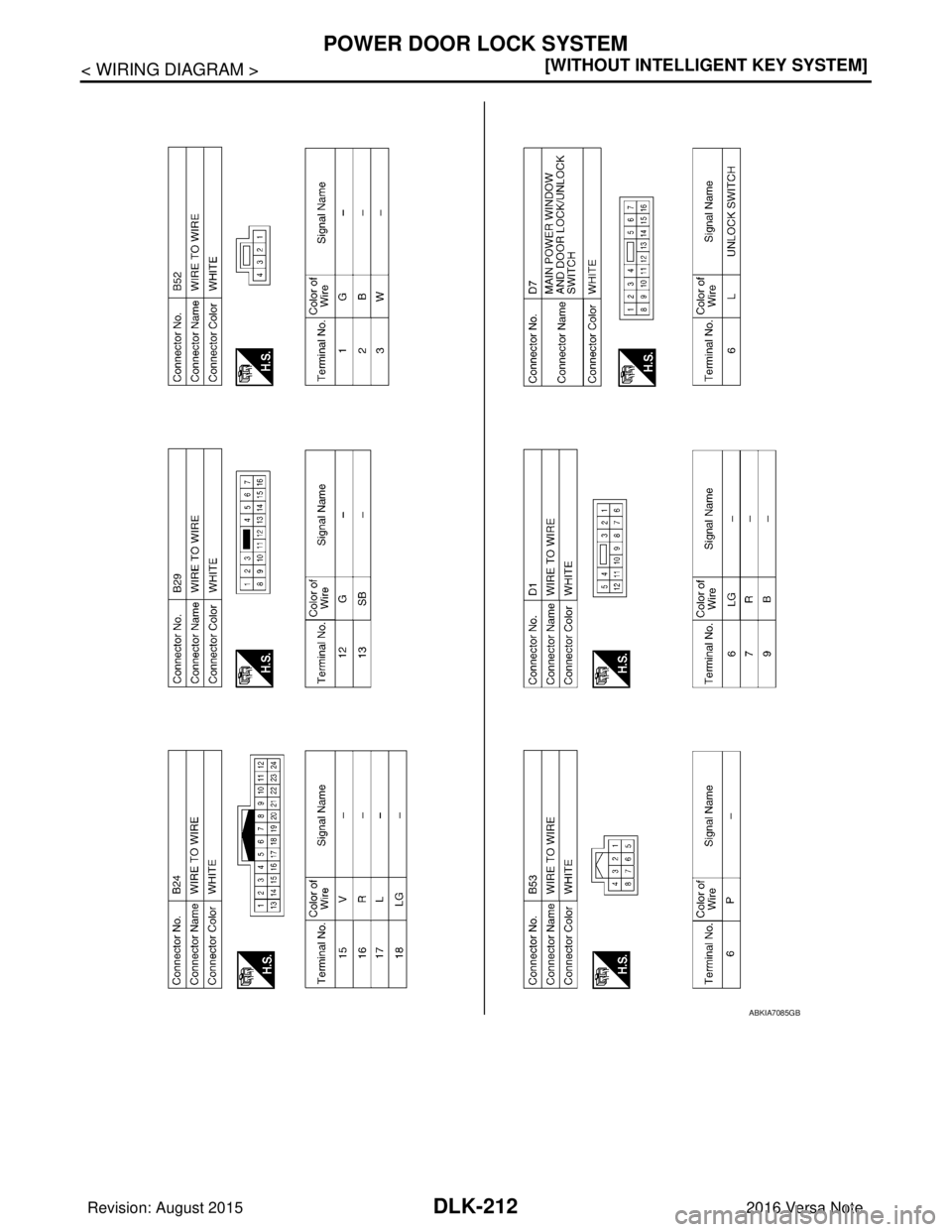 NISSAN NOTE 2016  Service Repair Manual DLK-212
< WIRING DIAGRAM >[WITHOUT INTELLIGENT KEY SYSTEM]
POWER DOOR LOCK SYSTEM
ABKIA7085GB
Revision: August 2015
2016 Versa Note

cardiagn.com  