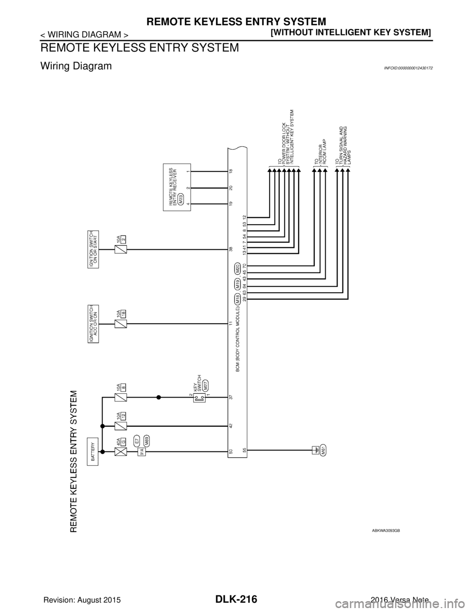 NISSAN NOTE 2016  Service Repair Manual DLK-216
< WIRING DIAGRAM >[WITHOUT INTELLIGENT KEY SYSTEM]
REMOTE KEYLESS ENTRY SYSTEM
REMOTE KEYLESS ENTRY SYSTEM
Wiring DiagramINFOID:0000000012430172
ABKWA3093GB
Revision: August 2015
2016 Versa No