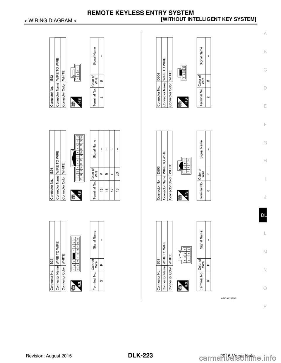 NISSAN NOTE 2016  Service Repair Manual REMOTE KEYLESS ENTRY SYSTEMDLK-223
< WIRING DIAGRAM > [WITHOUT INTELLIGENT KEY SYSTEM]
C
D
E
F
G H
I
J
L
M A
B
DLK
N
O P
AAKIA1337GB
Revision: August 2015 2016 Versa Note

cardiagn.com  