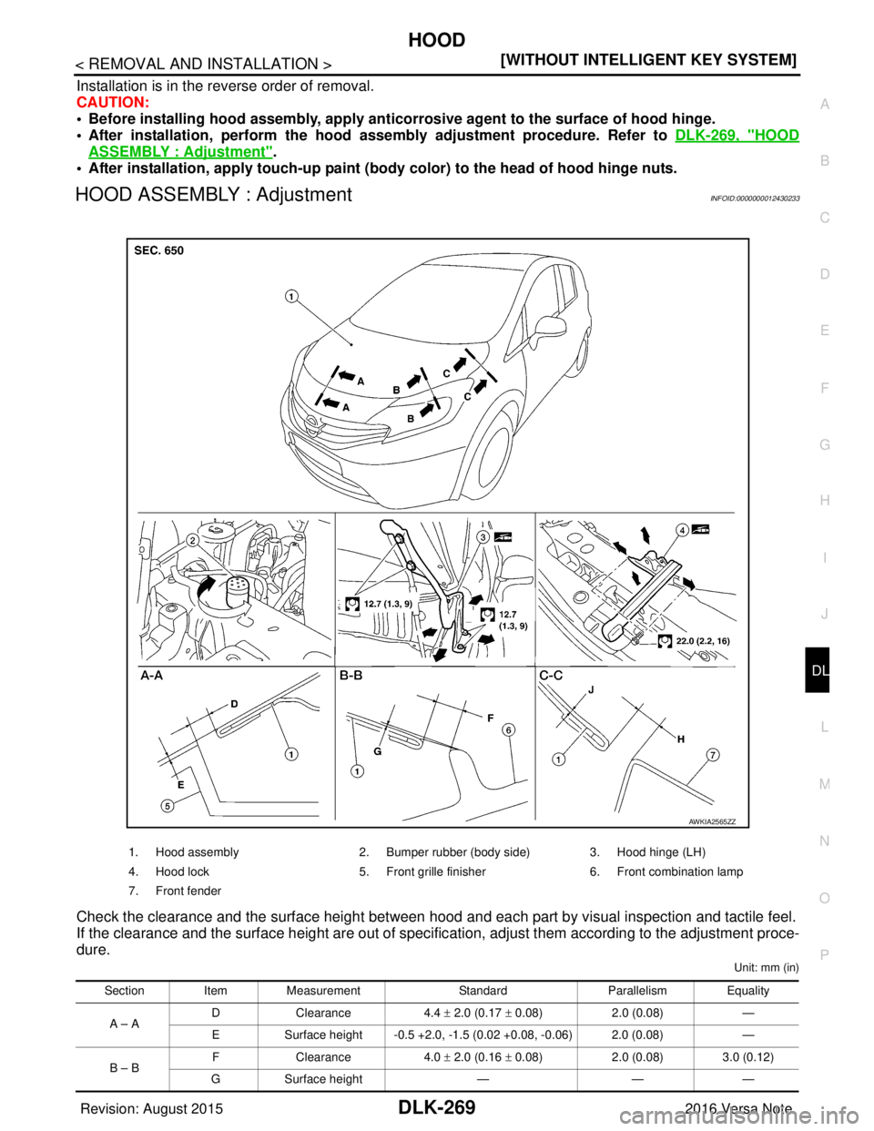 NISSAN NOTE 2016  Service Repair Manual HOOD
DLK-269
< REMOVAL AND INSTALLATION > [WITHOUT INTELLIGENT KEY SYSTEM]
C
D
E
F
G H
I
J
L
M A
B
DLK
N
O P
Installation is in the reverse order of removal.
CAUTION:
• Before installing hood assemb