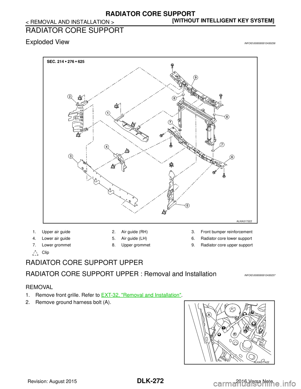 NISSAN NOTE 2016  Service Repair Manual DLK-272
< REMOVAL AND INSTALLATION >[WITHOUT INTELLIGENT KEY SYSTEM]
RADIATOR CORE SUPPORT
RADIATOR CORE SUPPORT
Exploded ViewINFOID:0000000012430236
RADIATOR CORE SUPPORT UPPER
RADIATOR CORE SUPPORT 