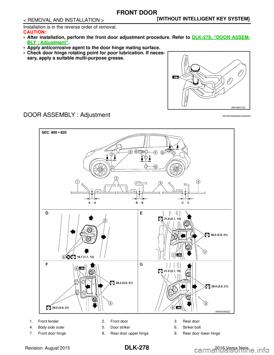 NISSAN NOTE 2016  Service Repair Manual DLK-278
< REMOVAL AND INSTALLATION >[WITHOUT INTELLIGENT KEY SYSTEM]
FRONT DOOR
Installation is in the reverse order of removal.
CAUTION:
• After installation, perform the front 
door adjustment pro