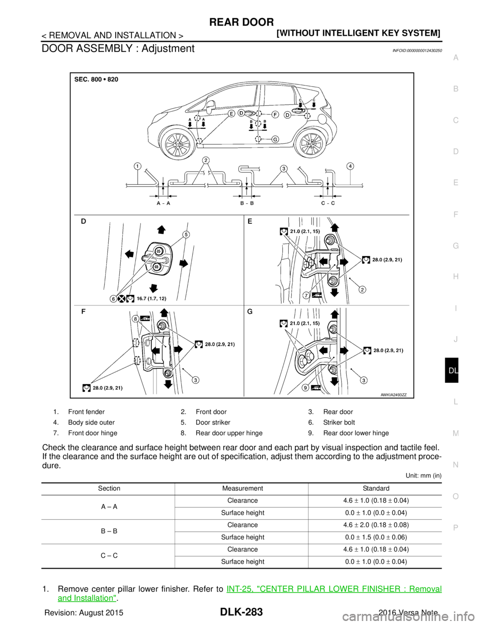 NISSAN NOTE 2016  Service Repair Manual REAR DOORDLK-283
< REMOVAL AND INSTALLATION > [WITHOUT INTELLIGENT KEY SYSTEM]
C
D
E
F
G H
I
J
L
M A
B
DLK
N
O P
DOOR ASSEMBLY : AdjustmentINFOID:0000000012430250
Check the clearance and surface heigh