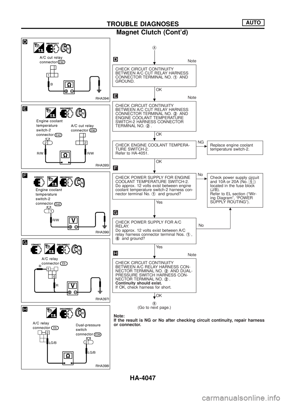 NISSAN PATROL 2004 Electronic Repair Manual jA
Note
CHECK CIRCUIT CONTINUITY
BETWEEN A/C CUT RELAY HARNESS
CONNECTOR TERMINAL NO.j
1AND
GROUND.
OK
Note
CHECK CIRCUIT CONTINUITY
BETWEEN A/C CUT RELAY HARNESS
CONNECTOR TERMINAL NO.j
2AND
ENGINE C NISSAN PATROL 2004 Electronic Repair Manual jA
Note
CHECK CIRCUIT CONTINUITY
BETWEEN A/C CUT RELAY HARNESS
CONNECTOR TERMINAL NO.j
1AND
GROUND.
OK
Note
CHECK CIRCUIT CONTINUITY
BETWEEN A/C CUT RELAY HARNESS
CONNECTOR TERMINAL NO.j
2AND
ENGINE C