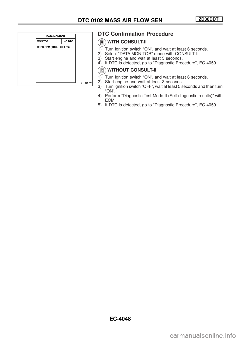 NISSAN PATROL 2004  Electronic Repair Manual DTC Con®rmation Procedure
WITH CONSULT-II
1) Turn ignition switch ªONº, and wait at least 6 seconds.
2) Select ªDATA MONITORº mode with CONSULT-II.
3) Start engine and wait at least 3 seconds.
4)