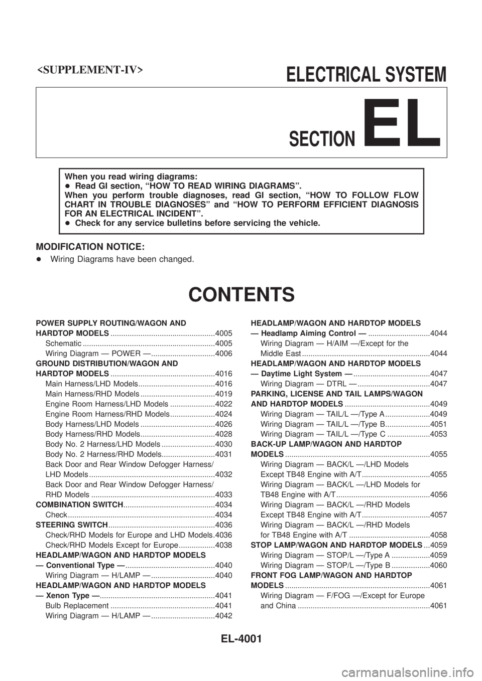 NISSAN PATROL 2004 Electronic Repair Manual <SUPPLEMENT-IV> ELECTRICALSYSTEM
SECTION
EL
When you read wiring diagrams:
+ Read GI section, ªHOW TO READ WIRING DIAGRAMSº.
When you perform troubl NISSAN PATROL 2004 Electronic Repair Manual <SUPPLEMENT-IV> ELECTRICALSYSTEM
SECTION
EL
When you read wiring diagrams:
+ Read GI section, ªHOW TO READ WIRING DIAGRAMSº.
When you perform troubl