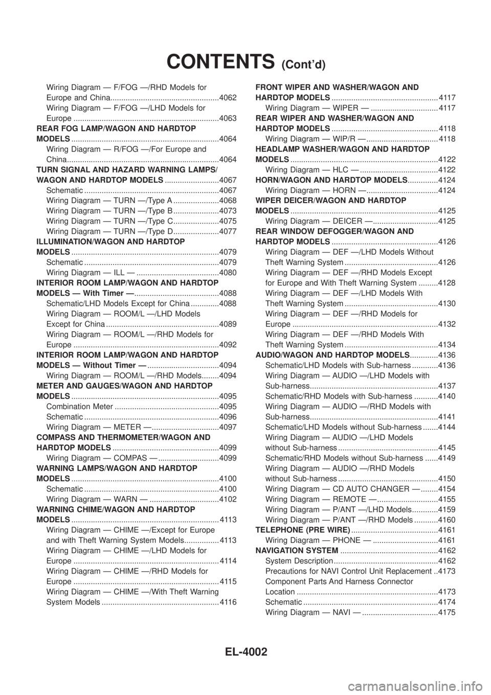 NISSAN PATROL 2004 Electronic Repair Manual Wiring Diagram Ð F/FOG Ð/RHD Models for
Europe and China..................................................4062
Wiring Diagram Ð F/FOG Ð/LHD Models for
Europe ...................................... NISSAN PATROL 2004 Electronic Repair Manual Wiring Diagram Ð F/FOG Ð/RHD Models for
Europe and China..................................................4062
Wiring Diagram Ð F/FOG Ð/LHD Models for
Europe ......................................
