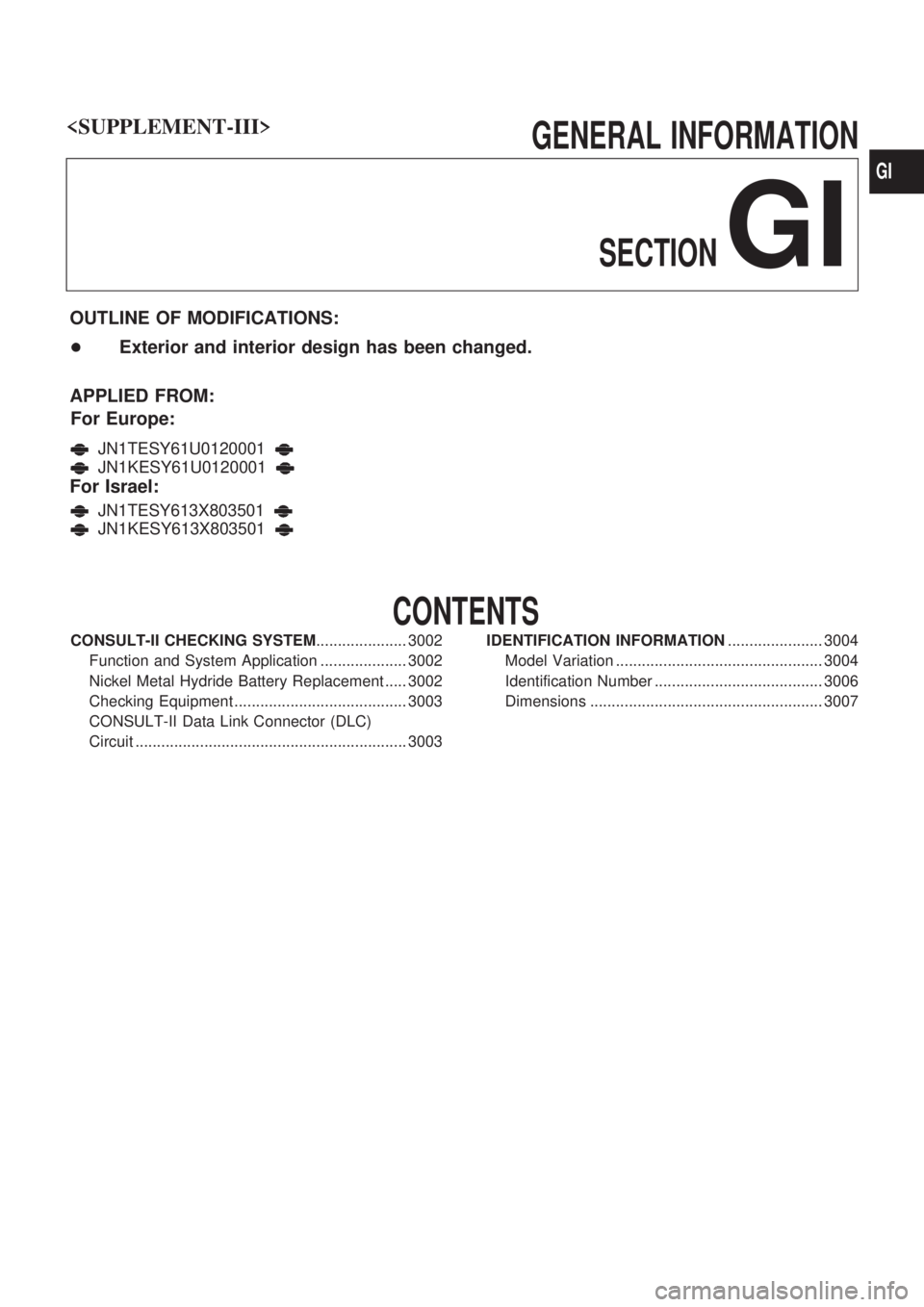 NISSAN PATROL 2002  Electronic Repair Manual GENERAL INFORMATIONSECTION
GI
OUTLINE OF MODIFICATIONS:
+ Exterior and interior design has been changed.
APPLIED FROM: For Europe:
JN1TESY61U0120001
JN1KESY61U0120001
For Israel:
JN1TESY613X803501
JN1