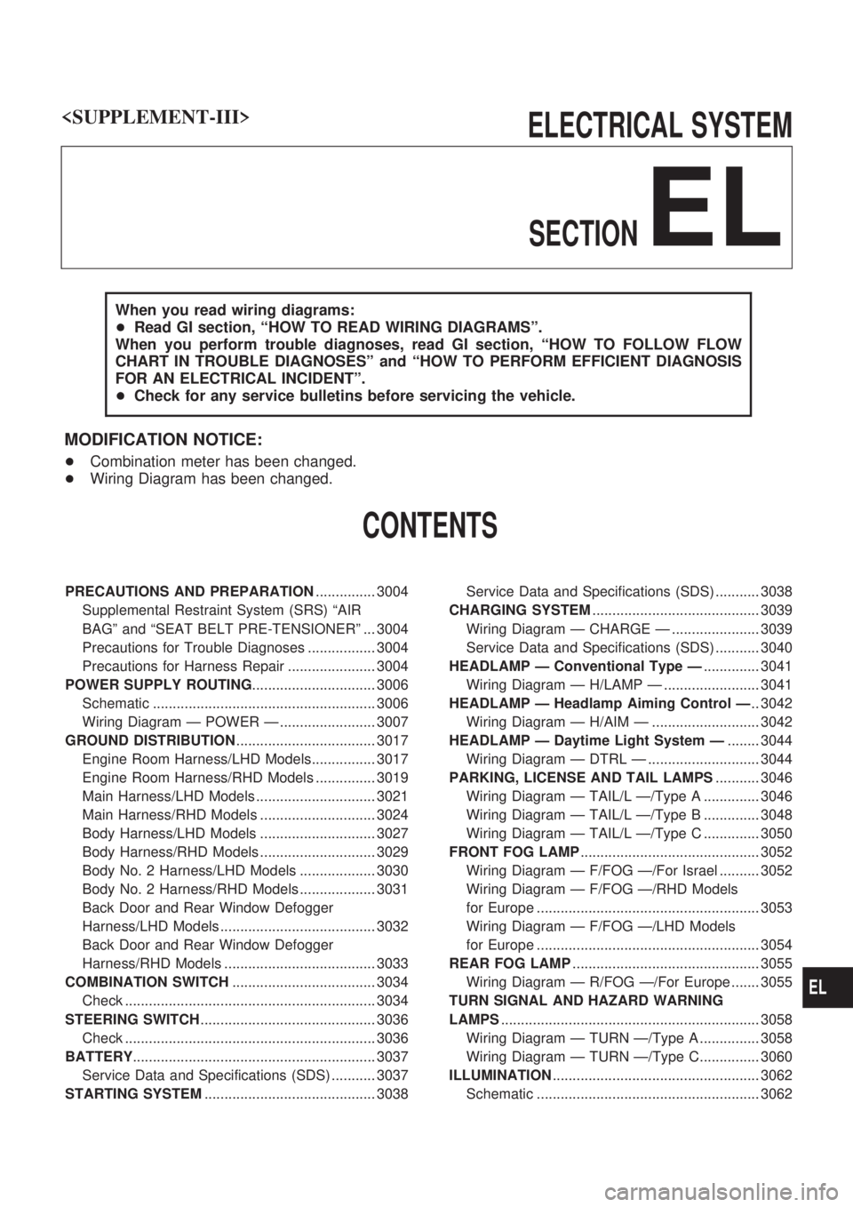NISSAN PATROL 2002  Electronic Repair Manual ELECTRICAL SYSTEM
SECTION
EL
When you read wiring diagrams:
+Read GI section, ªHOW TO READ WIRING DIAGRAMSº.
When you perform trouble diagnoses, read GI section, ªHOW TO FOLLOW FLOW
CHART IN TROUBL