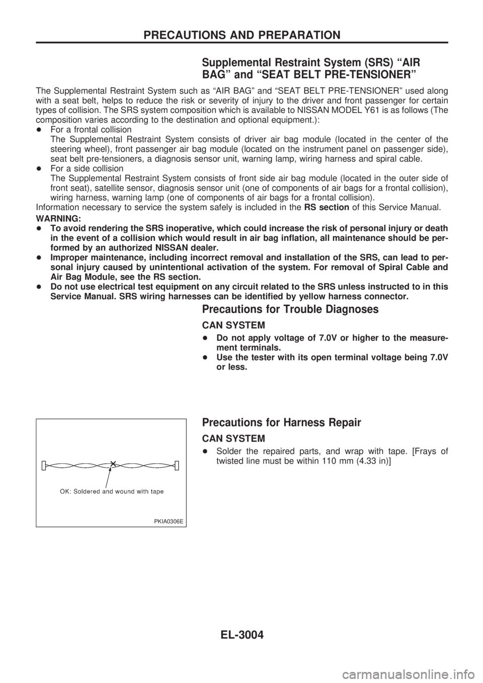 NISSAN PATROL 2002 Electronic Repair Manual Supplemental Restraint System (SRS) ªAIR
BAGº and ªSEAT BELT PRE-TENSIONERº
The Supplemental Restraint System such as ªAIR BAGº and ªSEAT BELT PRE-TENSIONERº used along
with a seat belt, helps NISSAN PATROL 2002 Electronic Repair Manual Supplemental Restraint System (SRS) ªAIR
BAGº and ªSEAT BELT PRE-TENSIONERº
The Supplemental Restraint System such as ªAIR BAGº and ªSEAT BELT PRE-TENSIONERº used along
with a seat belt, helps