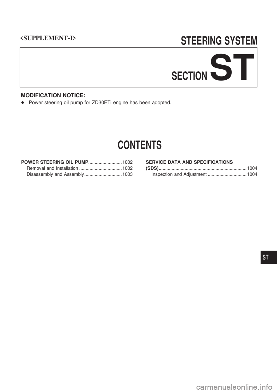 NISSAN PATROL 2000  Electronic Repair Manual STEERING SYSTEM
SECTION
ST
MODIFICATION NOTICE:
+Power steering oil pump for ZD30ETi engine has been adopted.
CONTENTS
POWER STEERING OIL PUMP.......................... 1002
Removal and Installation .