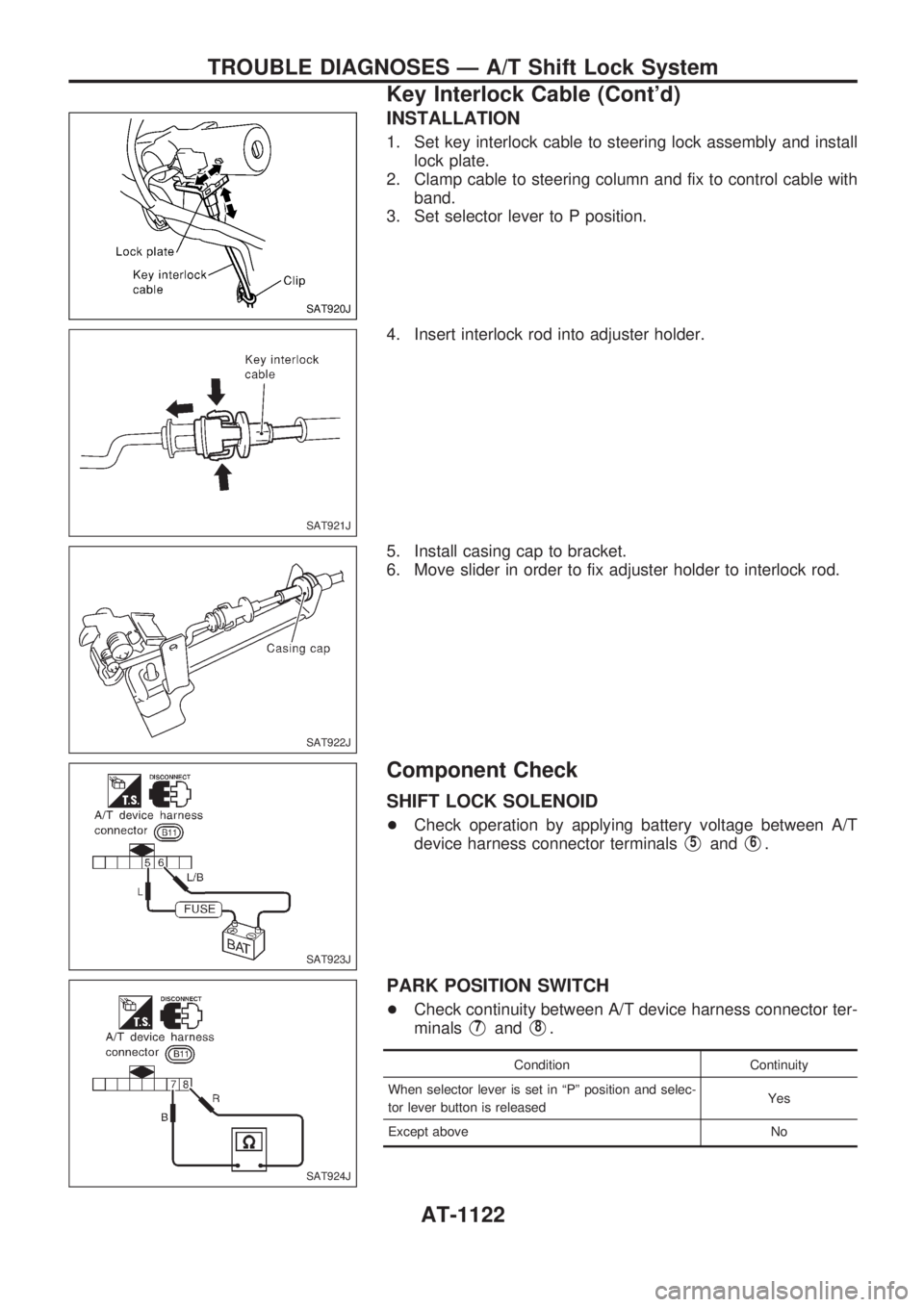 NISSAN PATROL 2000  Electronic Repair Manual INSTALLATION
1. Set key interlock cable to steering lock assembly and install
lock plate.
2. Clamp cable to steering column and fix to control cable with
band.
3. Set selector lever to P position.
4. 