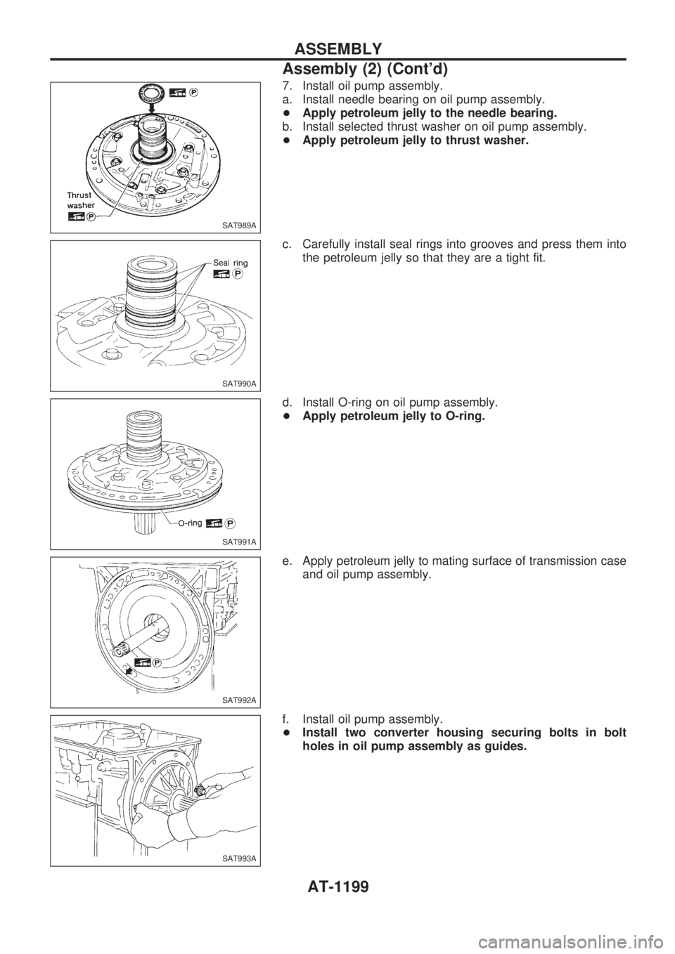 NISSAN PATROL 2000  Electronic Repair Manual 7. Install oil pump assembly.
a. Install needle bearing on oil pump assembly.
+Apply petroleum jelly to the needle bearing.
b. Install selected thrust washer on oil pump assembly.
+Apply petroleum jel