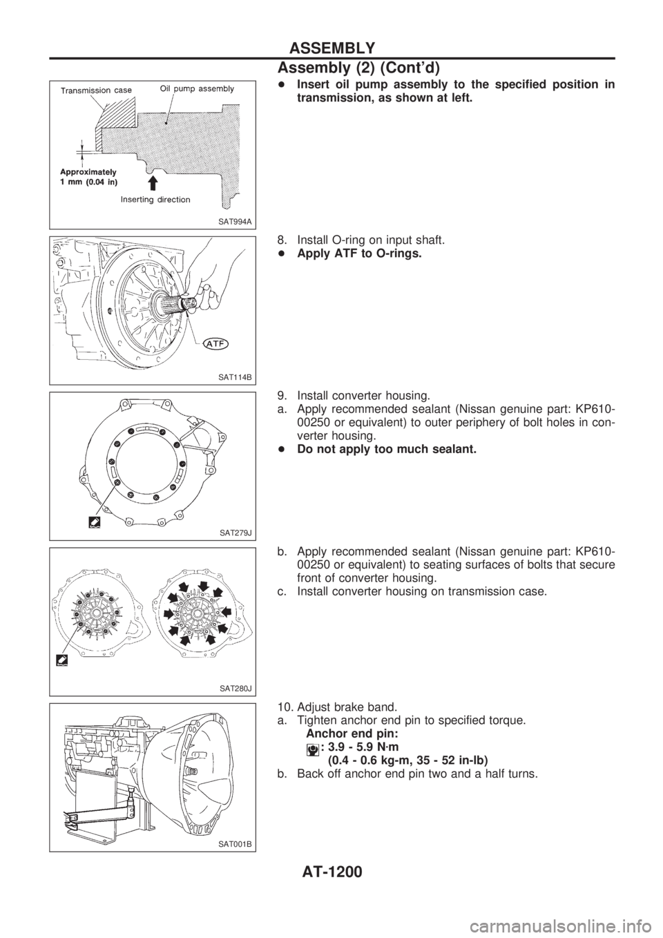 NISSAN PATROL 2000  Electronic Repair Manual +Insert oil pump assembly to the specified position in
transmission, as shown at left.
8. Install O-ring on input shaft.
+Apply ATF to O-rings.
9. Install converter housing.
a. Apply recommended seala