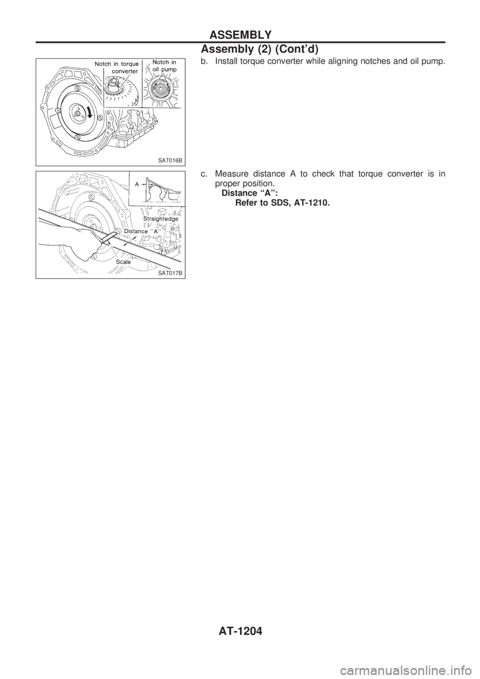 NISSAN PATROL 2000  Electronic Repair Manual b. Install torque converter while aligning notches and oil pump.
c. Measure distance A to check that torque converter is in
proper position.
Distance ªAº:
Refer to SDS, AT-1210.
SAT016B
SAT017B
ASSE