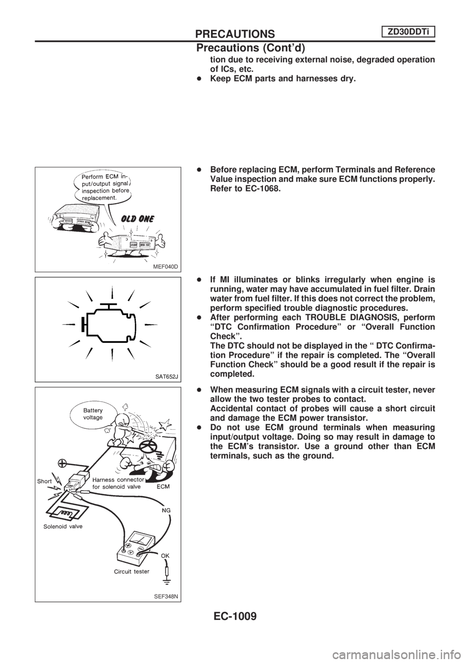 NISSAN PATROL 2000  Electronic Repair Manual tion due to receiving external noise, degraded operation
of ICs, etc.
+Keep ECM parts and harnesses dry.
+Before replacing ECM, perform Terminals and Reference
Value inspection and make sure ECM funct