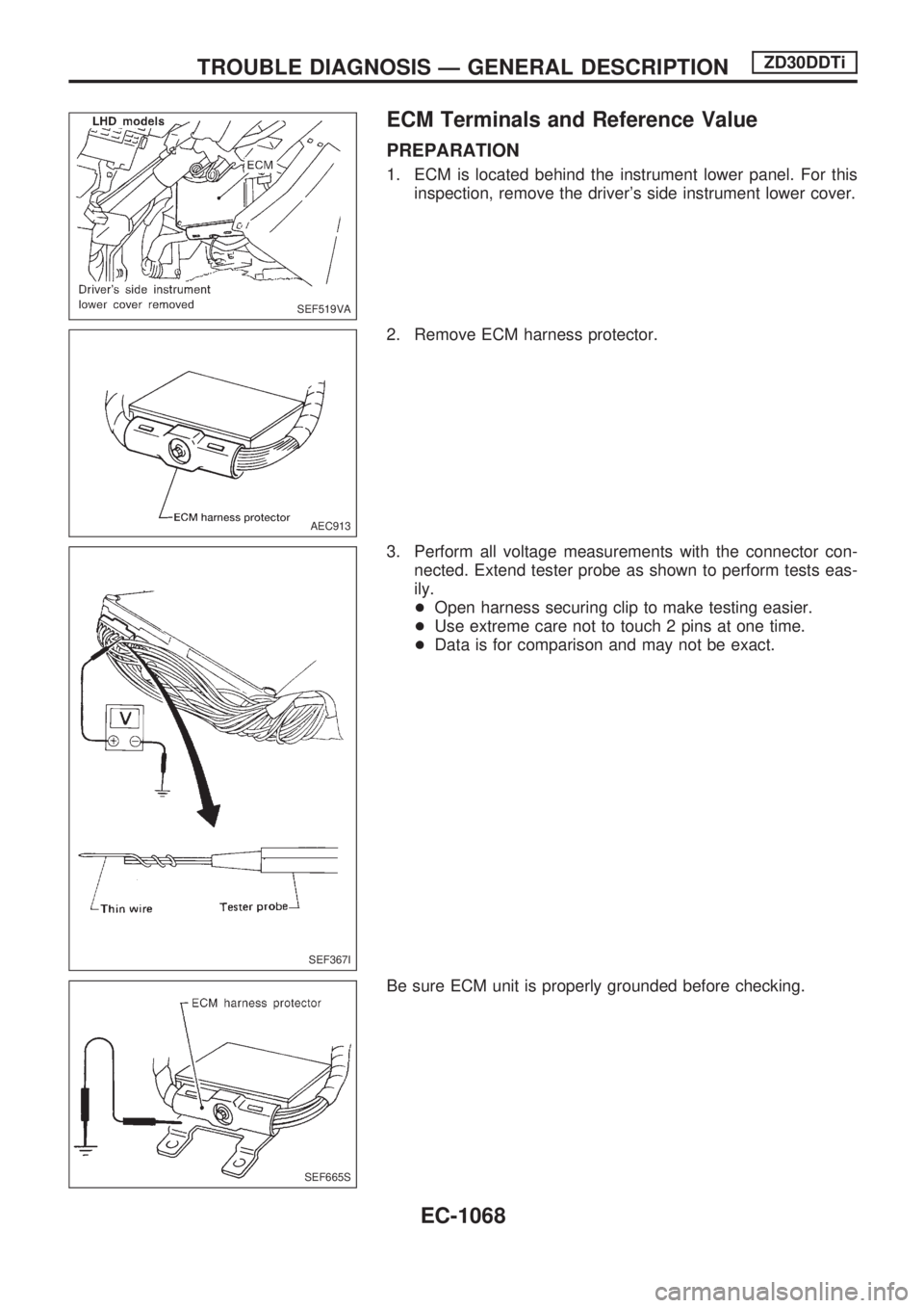NISSAN PATROL 2000  Electronic Repair Manual ECM Terminals and Reference Value
PREPARATION
1. ECM is located behind the instrument lower panel. For this
inspection, remove the drivers side instrument lower cover.
2. Remove ECM harness protector