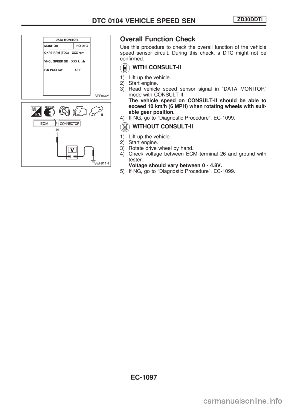 NISSAN PATROL 2000  Electronic Repair Manual Overall Function Check
Use this procedure to check the overall function of the vehicle
speed sensor circuit. During this check, a DTC might not be
confirmed.
WITH CONSULT-II
1) Lift up the vehicle.
2)