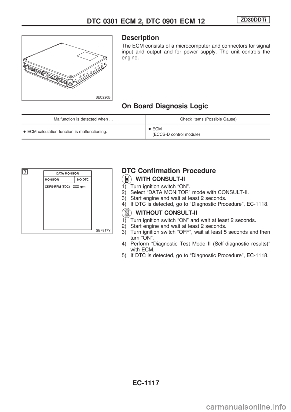 NISSAN PATROL 2000  Electronic Repair Manual Description
The ECM consists of a microcomputer and connectors for signal
input and output and for power supply. The unit controls the
engine.
On Board Diagnosis Logic
Malfunction is detected when ...