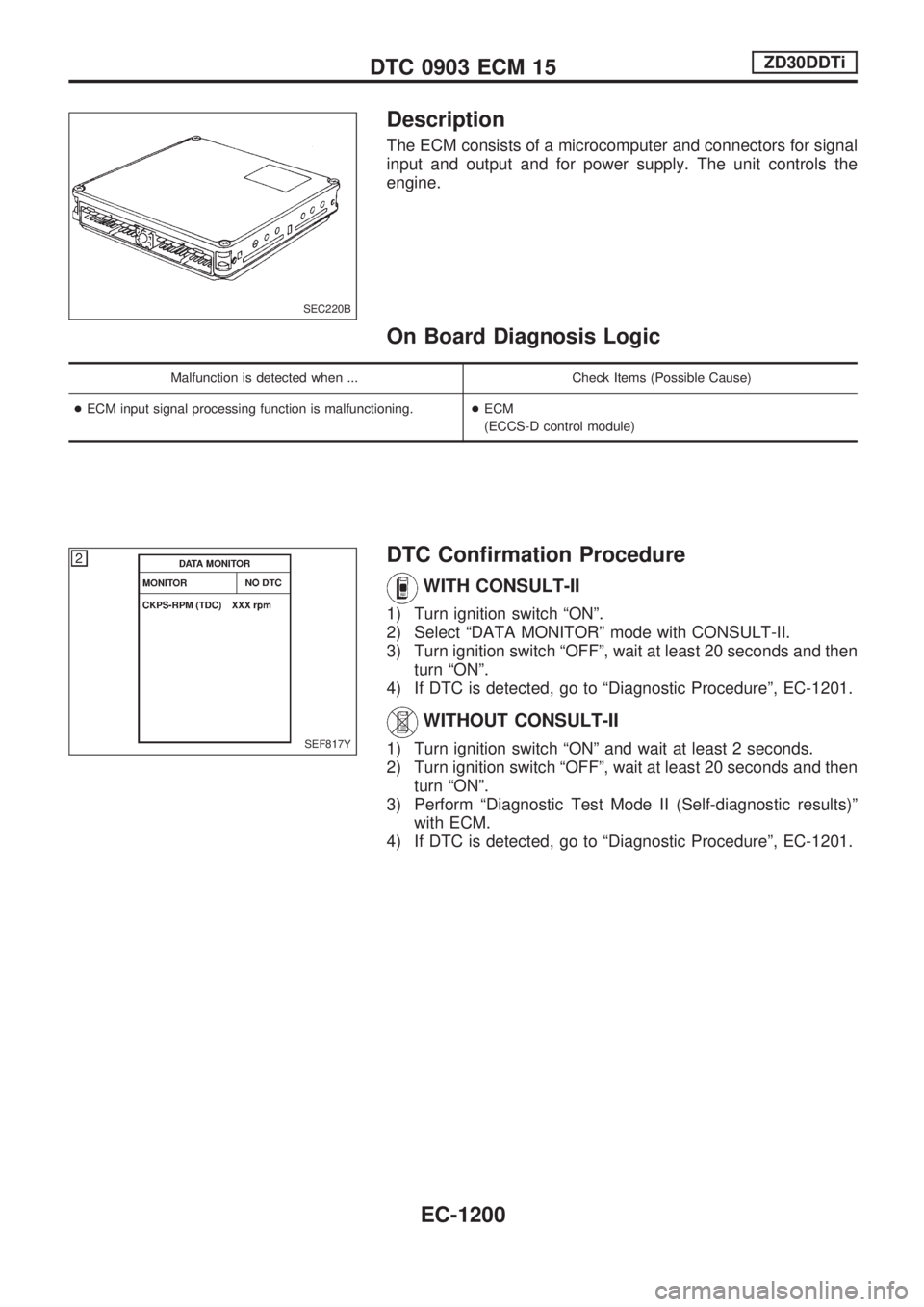 NISSAN PATROL 2000  Electronic Repair Manual Description
The ECM consists of a microcomputer and connectors for signal
input and output and for power supply. The unit controls the
engine.
On Board Diagnosis Logic
Malfunction is detected when ...