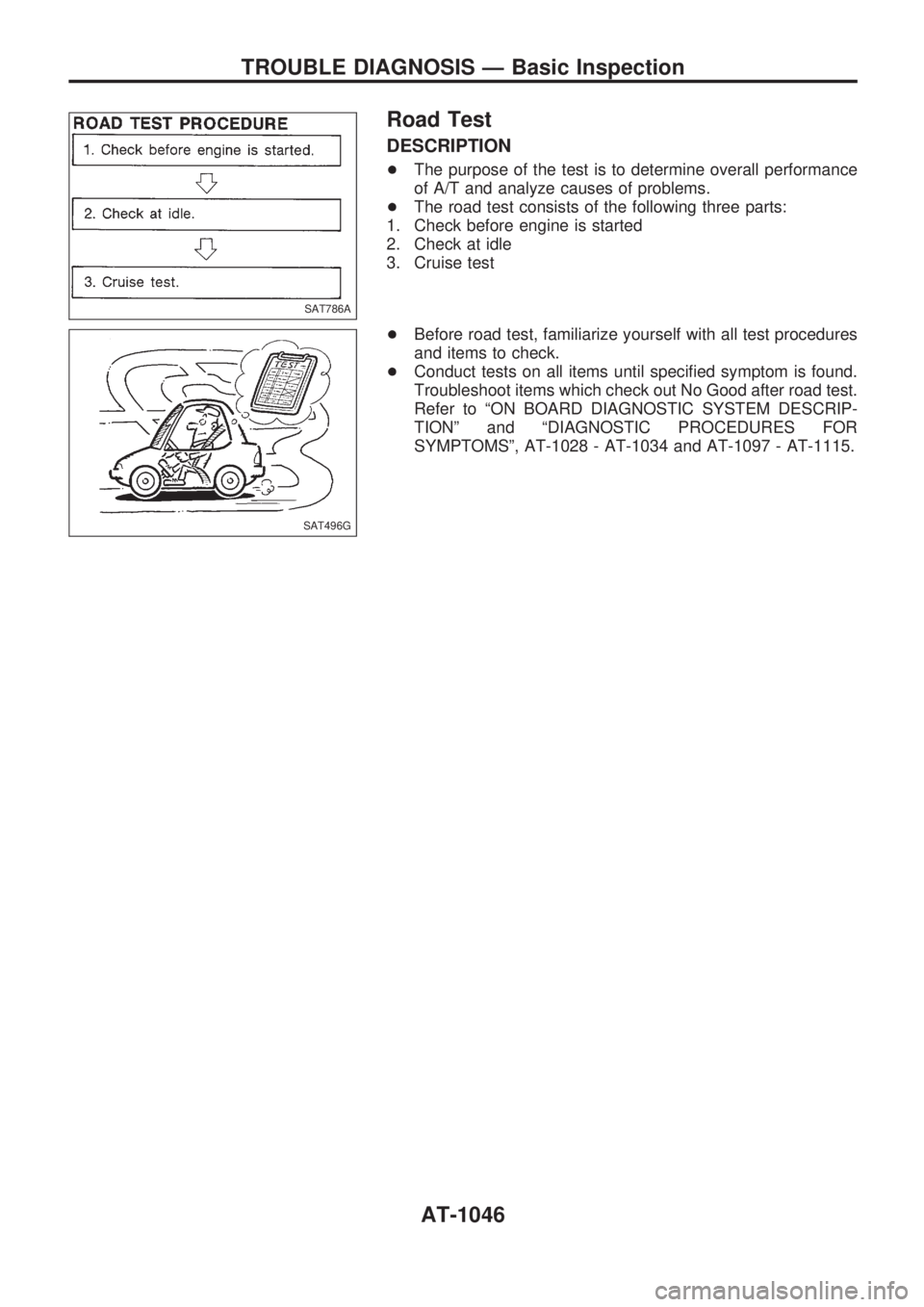 NISSAN PATROL 2000  Electronic Repair Manual Road Test
DESCRIPTION
+The purpose of the test is to determine overall performance
of A/T and analyze causes of problems.
+The road test consists of the following three parts:
1. Check before engine i