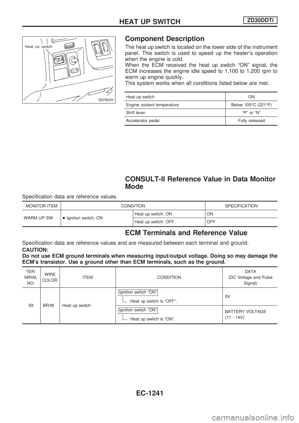 NISSAN PATROL 2000  Electronic Repair Manual Component Description
The heat up switch is located on the lower side of the instrument
panel. This switch is used to speed up the heaters operation
when the engine is cold.
When the ECM received the