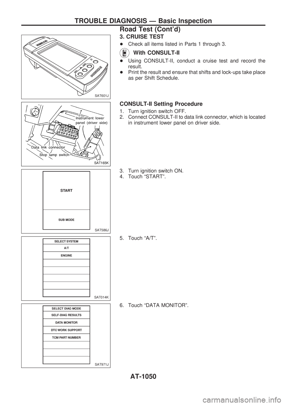 NISSAN PATROL 2000  Electronic Repair Manual 3. CRUISE TEST
+Check all items listed in Parts 1 through 3.
With CONSULT-II
+Using CONSULT-II, conduct a cruise test and record the
result.
+Print the result and ensure that shifts and lock-ups take 