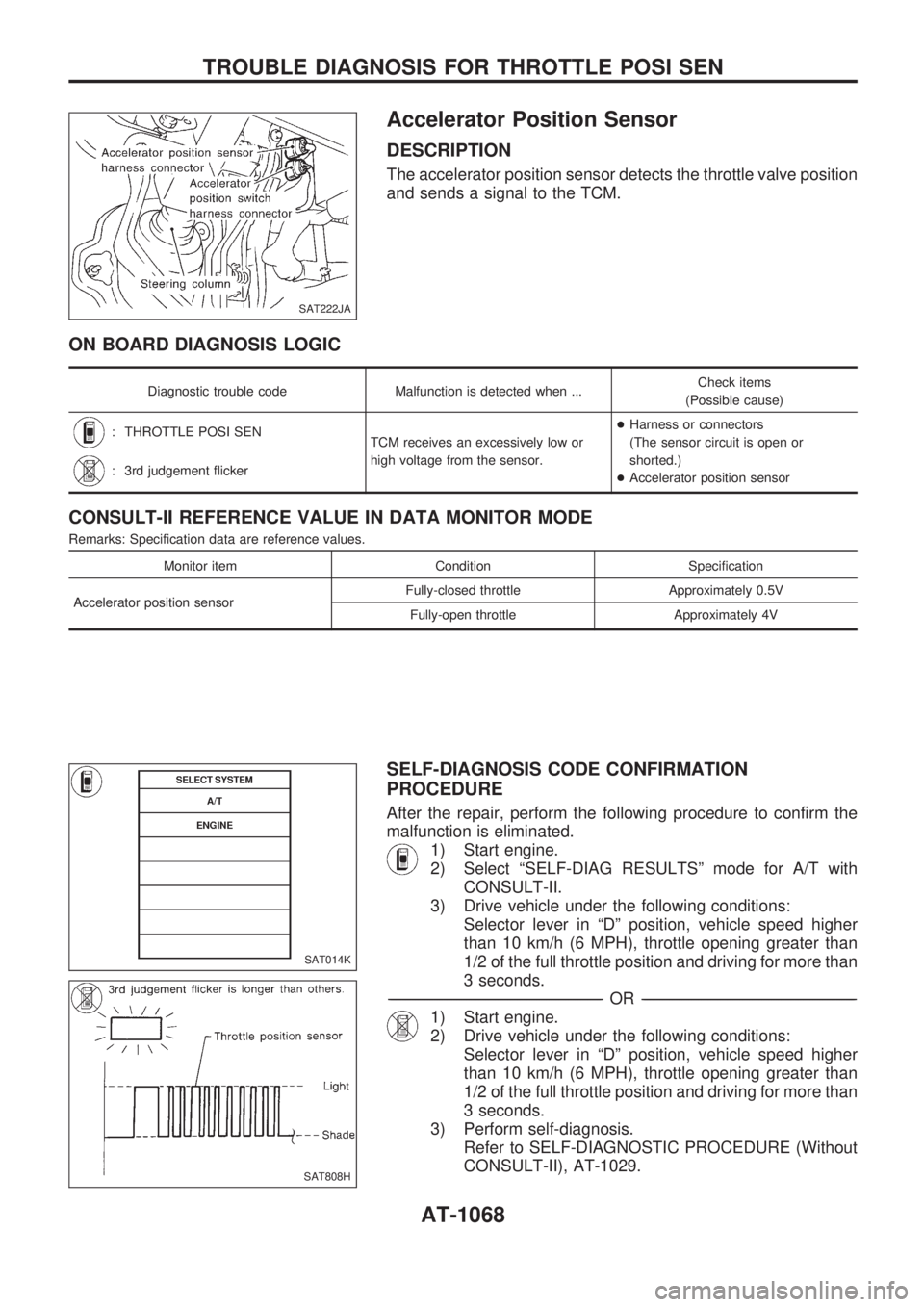 NISSAN PATROL 2000 Electronic Repair Manual Accelerator Position Sensor
DESCRIPTION
The accelerator position sensor detects the throttle valve position
and sends a signal to the TCM.
ON BOARD DIAGNOSIS LOGIC
Diagnostic trouble code Malfunction NISSAN PATROL 2000 Electronic Repair Manual Accelerator Position Sensor
DESCRIPTION
The accelerator position sensor detects the throttle valve position
and sends a signal to the TCM.
ON BOARD DIAGNOSIS LOGIC
Diagnostic trouble code Malfunction