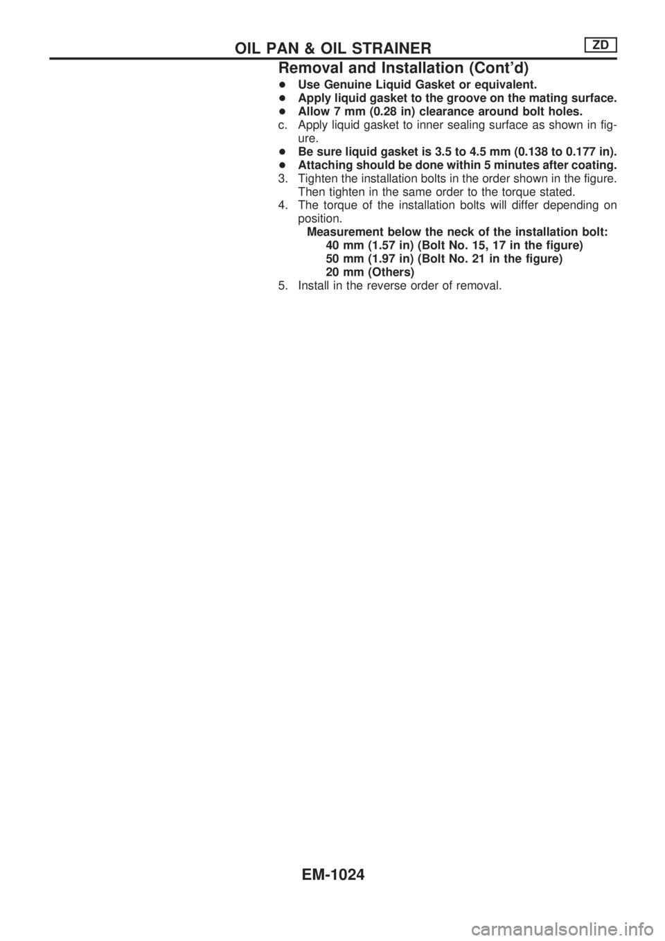 NISSAN PATROL 2000  Electronic Repair Manual +Use Genuine Liquid Gasket or equivalent.
+Apply liquid gasket to the groove on the mating surface.
+Allow 7 mm (0.28 in) clearance around bolt holes.
c. Apply liquid gasket to inner sealing surface a