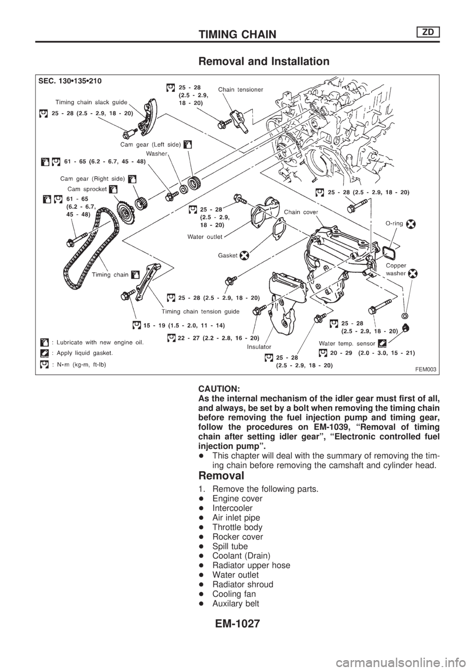 NISSAN PATROL 2000  Electronic Repair Manual Removal and Installation
CAUTION:
As the internal mechanism of the idler gear must first of all,
and always, be set by a bolt when removing the timing chain
before removing the fuel injection pump and