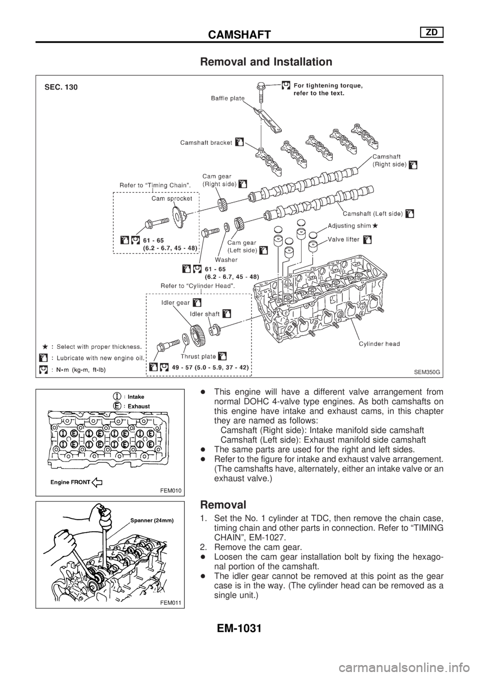 NISSAN PATROL 2000  Electronic Repair Manual Removal and Installation
+This engine will have a different valve arrangement from
normal DOHC 4-valve type engines. As both camshafts on
this engine have intake and exhaust cams, in this chapter
they