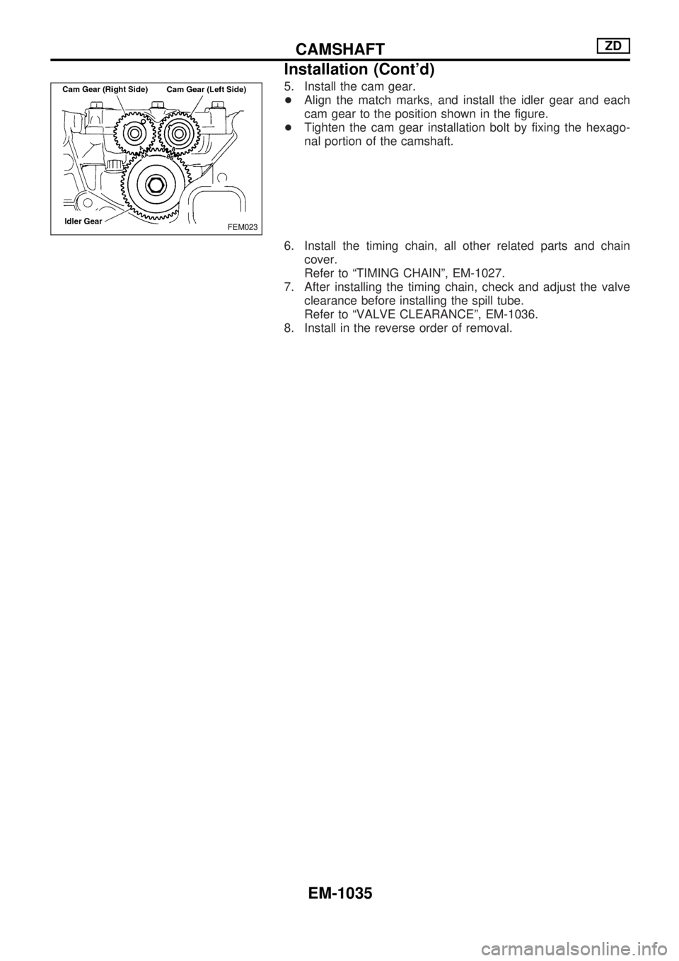 NISSAN PATROL 2000  Electronic Repair Manual 5. Install the cam gear.
+Align the match marks, and install the idler gear and each
cam gear to the position shown in the figure.
+Tighten the cam gear installation bolt by fixing the hexago-
nal por