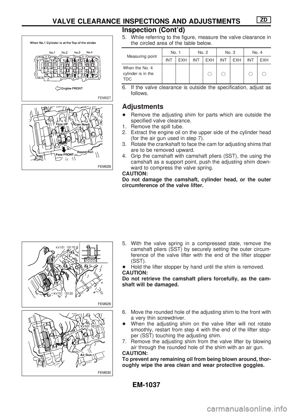 NISSAN PATROL 2000  Electronic Repair Manual 5. While referring to the figure, measure the valve clearance in
the circled area of the table below.
Measuring pointNo. 1 No. 2 No. 3 No. 4
INT EXH INT EXH INT EXH INT EXH
When the No. 4
cylinder is 