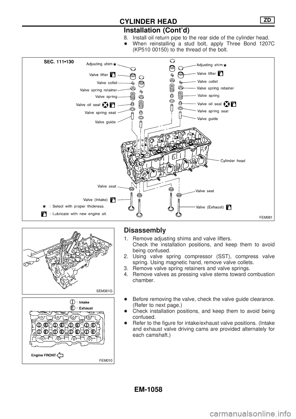 NISSAN PATROL 2000  Electronic Repair Manual 8. Install oil return pipe to the rear side of the cylinder head.
+When reinstalling a stud bolt, apply Three Bond 1207C
(KP510 00150) to the thread of the bolt.
Disassembly
1. Remove adjusting shims 