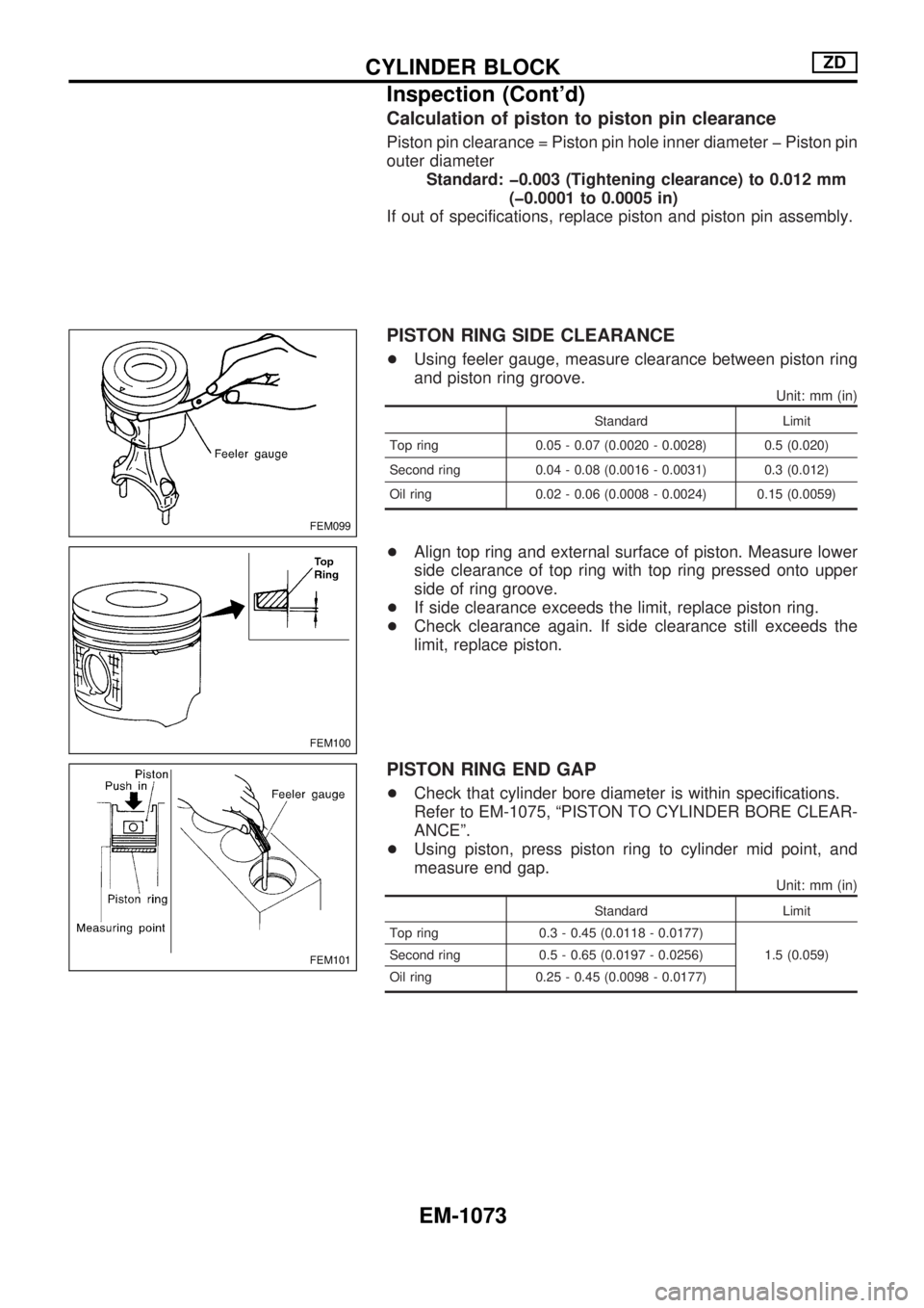 NISSAN PATROL 2000  Electronic Repair Manual Calculation of piston to piston pin clearance
Piston pin clearance = Piston pin hole inner diameter þ Piston pin
outer diameter
Standard: þ0.003 (Tightening clearance) to 0.012 mm
(þ0.0001 to 0.000