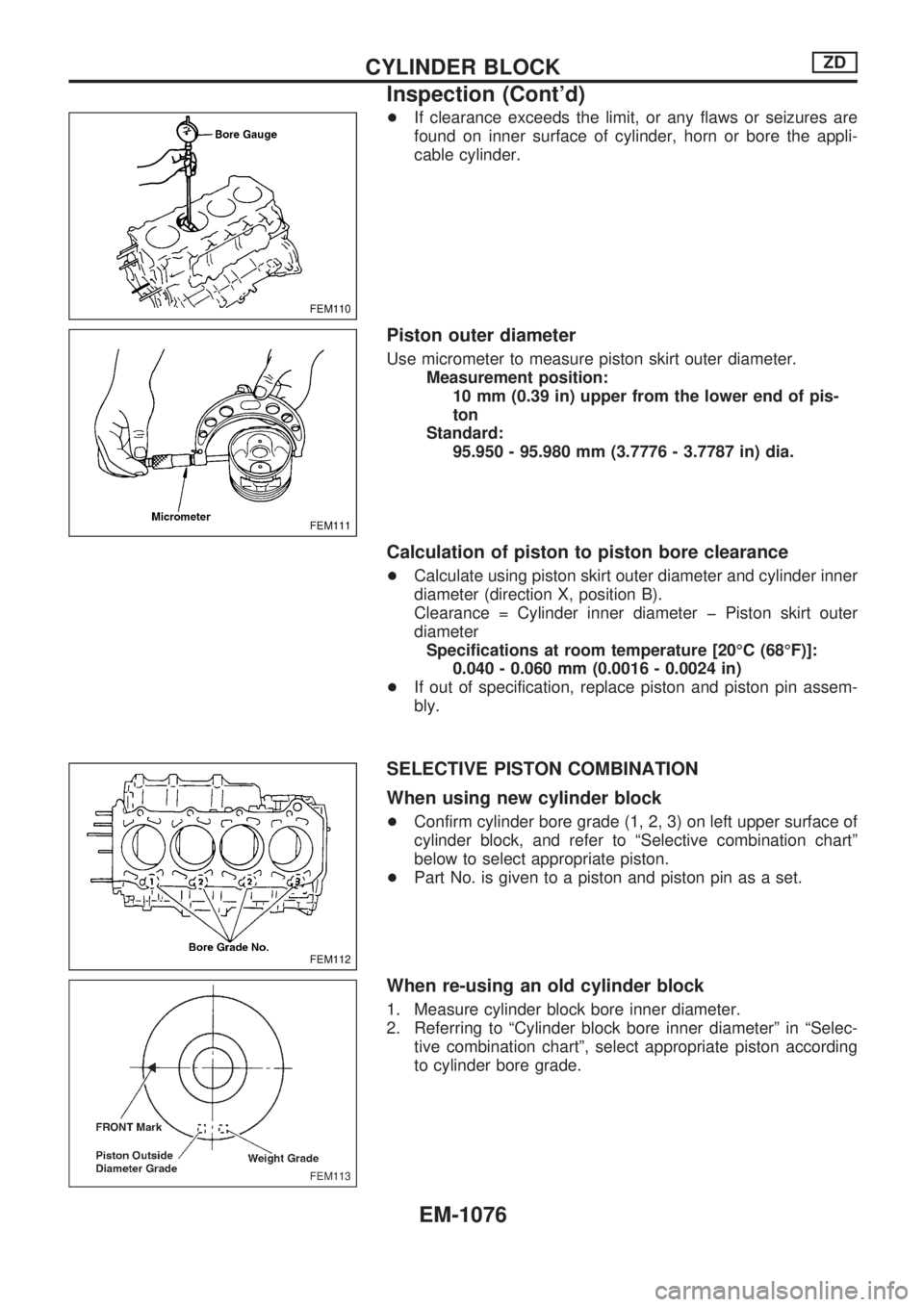 NISSAN PATROL 2000  Electronic Repair Manual +If clearance exceeds the limit, or any flaws or seizures are
found on inner surface of cylinder, horn or bore the appli-
cable cylinder.
Piston outer diameter
Use micrometer to measure piston skirt o