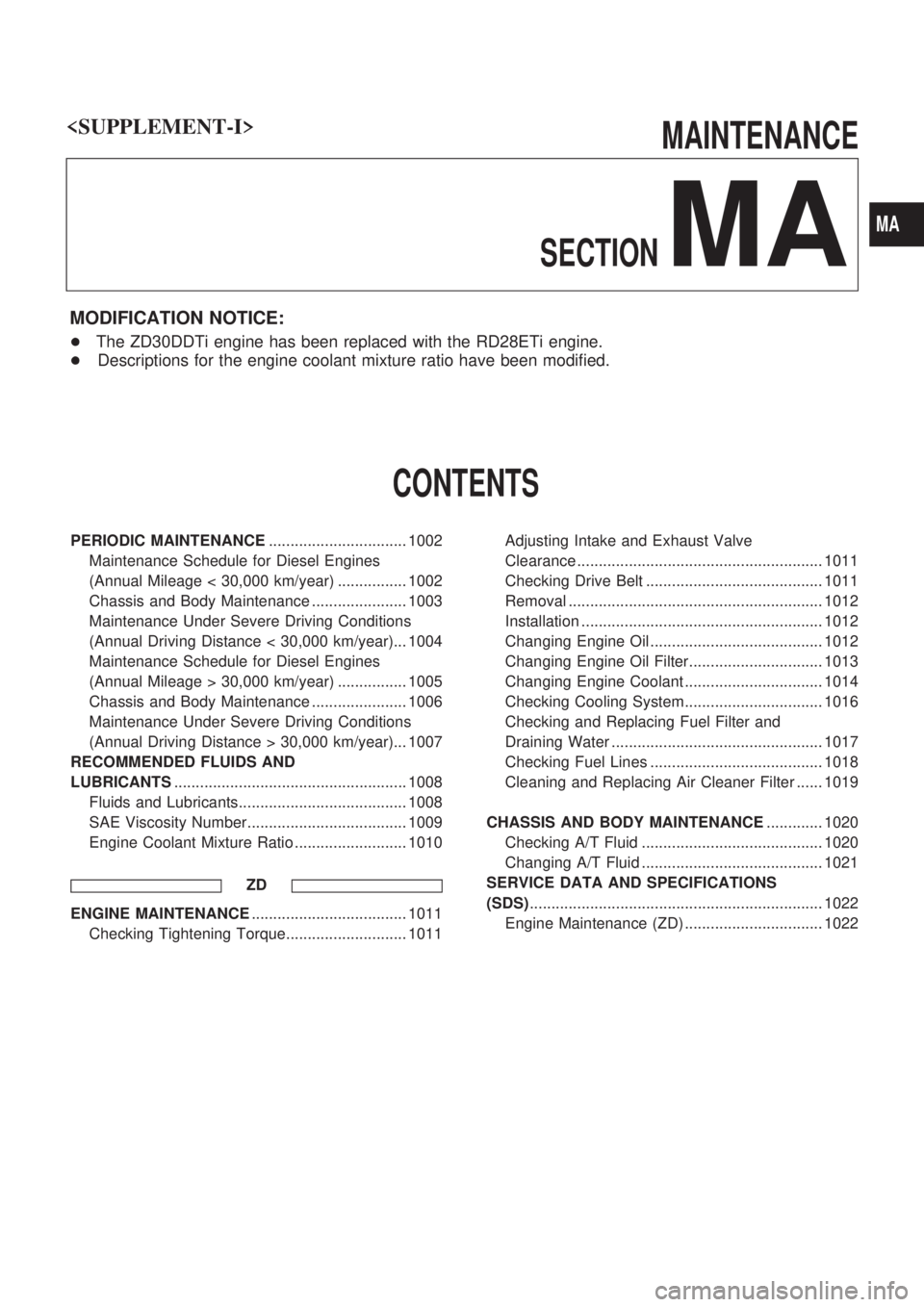 NISSAN PATROL 2000 Electronic Repair Manual MAINTENANCE
SECTION
MA
MODIFICATION NOTICE:
+ The ZD30DDTi engine has been replaced with the RD28ETi engine.
+ Descriptions for the engine coolant mixture ratio have been modified.
CONTENTS
PERIODIC M NISSAN PATROL 2000 Electronic Repair Manual MAINTENANCE
SECTION
MA
MODIFICATION NOTICE:
+ The ZD30DDTi engine has been replaced with the RD28ETi engine.
+ Descriptions for the engine coolant mixture ratio have been modified.
CONTENTS
PERIODIC M