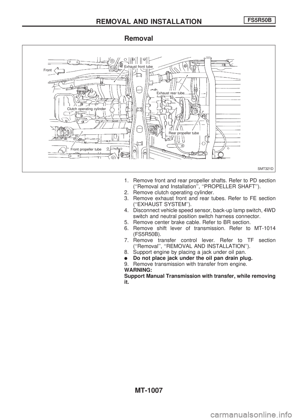 NISSAN PATROL 2000  Electronic Repair Manual Removal
1. Remove front and rear propeller shafts. Refer to PD section
(``Removal and Installation, ``PROPELLER SHAFT).
2. Remove clutch operating cylinder.
3. Remove exhaust front and rear tubes.