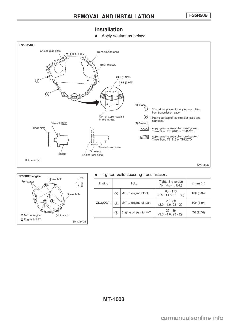 NISSAN PATROL 2000  Electronic Repair Manual Installation
lApply sealant as below:
lTighten bolts securing transmission.
Engine BoltsTightening torque
N´m (kg-m, ft-lb)!mm (in)
ZD30DDTi
V1M/T to engine block83 - 113
(8.5 - 11.5, 61 - 83)100 (3.
