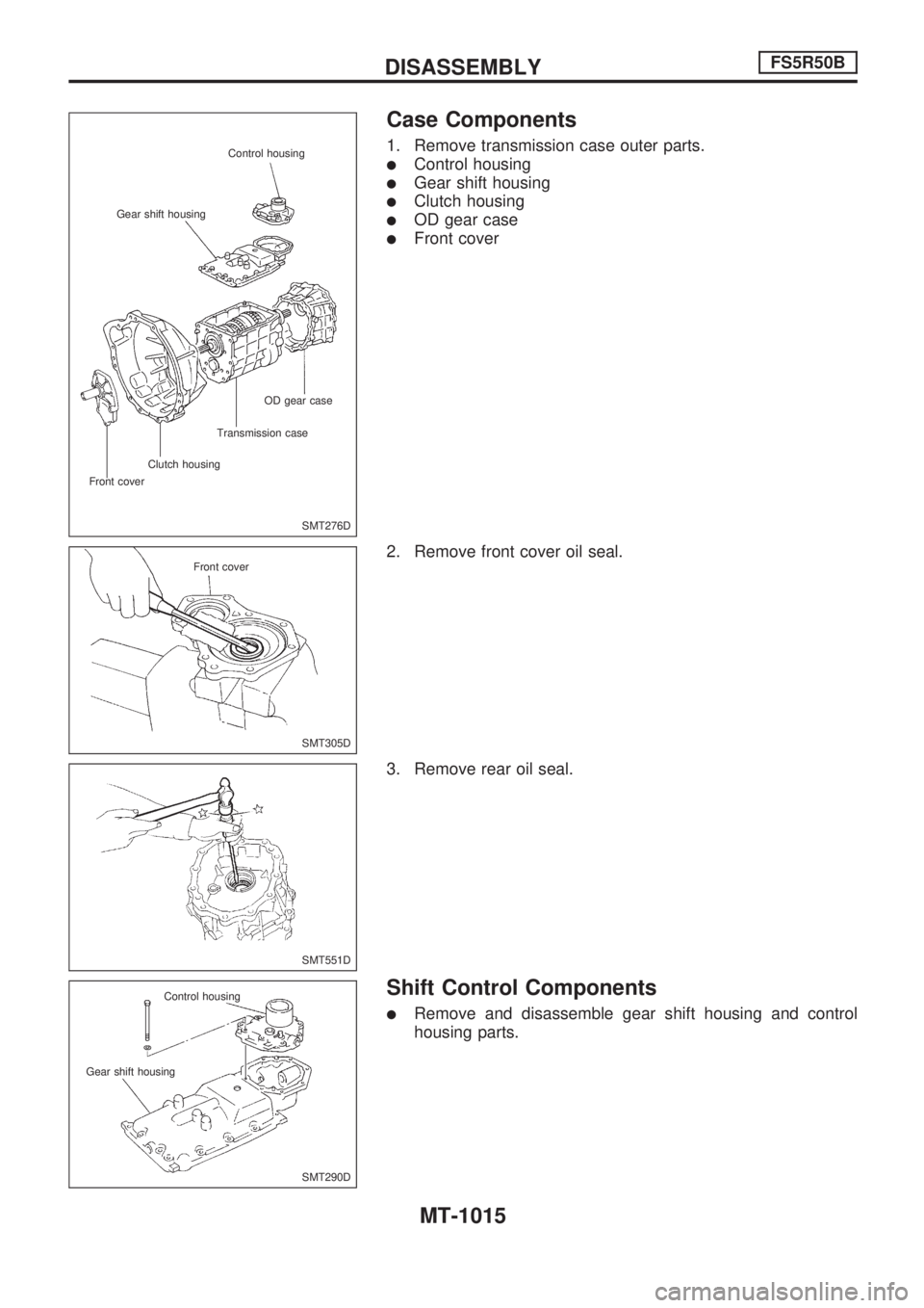 NISSAN PATROL 2000  Electronic Repair Manual Case Components
1. Remove transmission case outer parts.
lControl housing
lGear shift housing
lClutch housing
lOD gear case
lFront cover
2. Remove front cover oil seal.
3. Remove rear oil seal.
Shift 