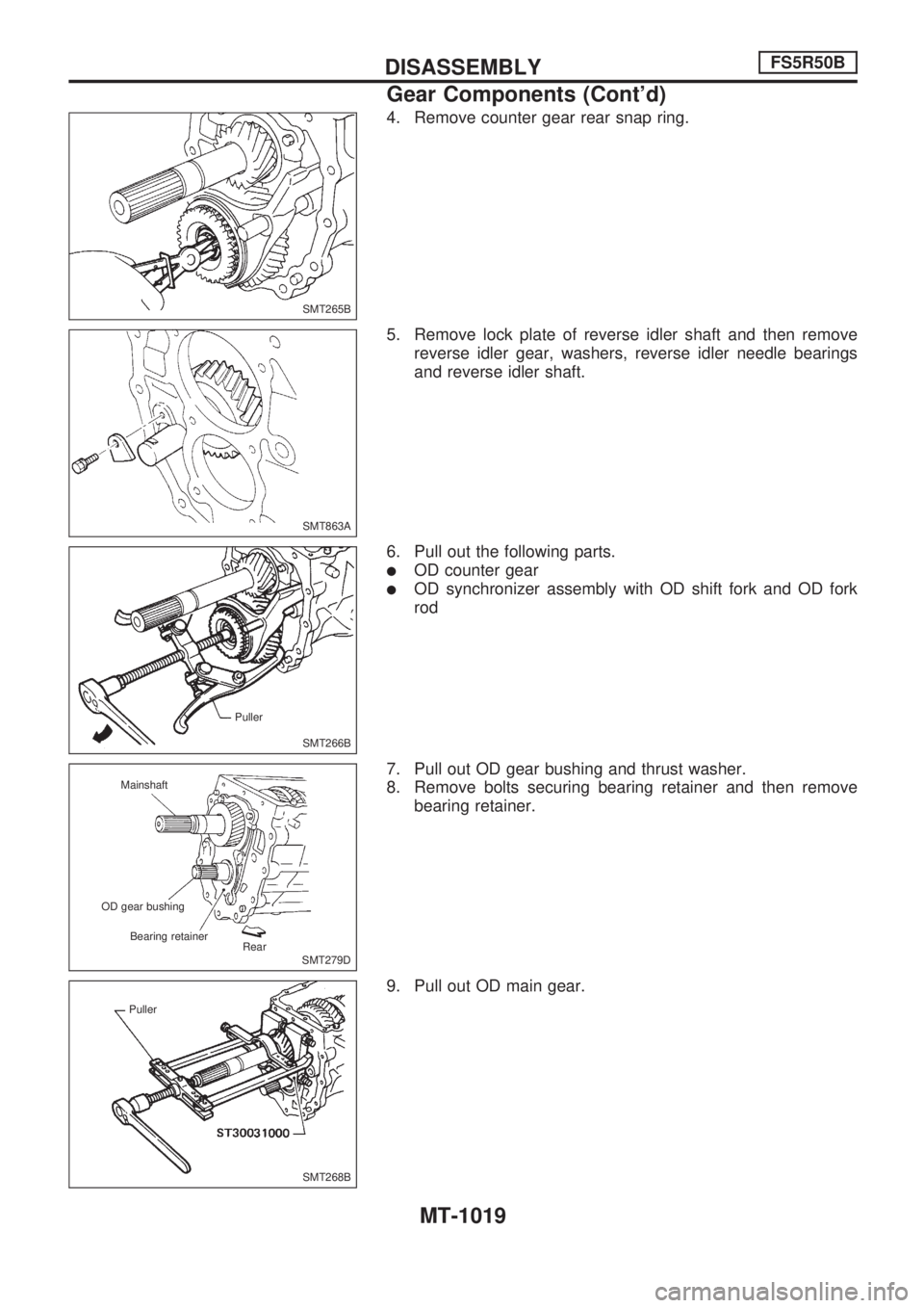 NISSAN PATROL 2000  Electronic Repair Manual 4. Remove counter gear rear snap ring.
5. Remove lock plate of reverse idler shaft and then remove
reverse idler gear, washers, reverse idler needle bearings
and reverse idler shaft.
6. Pull out the f