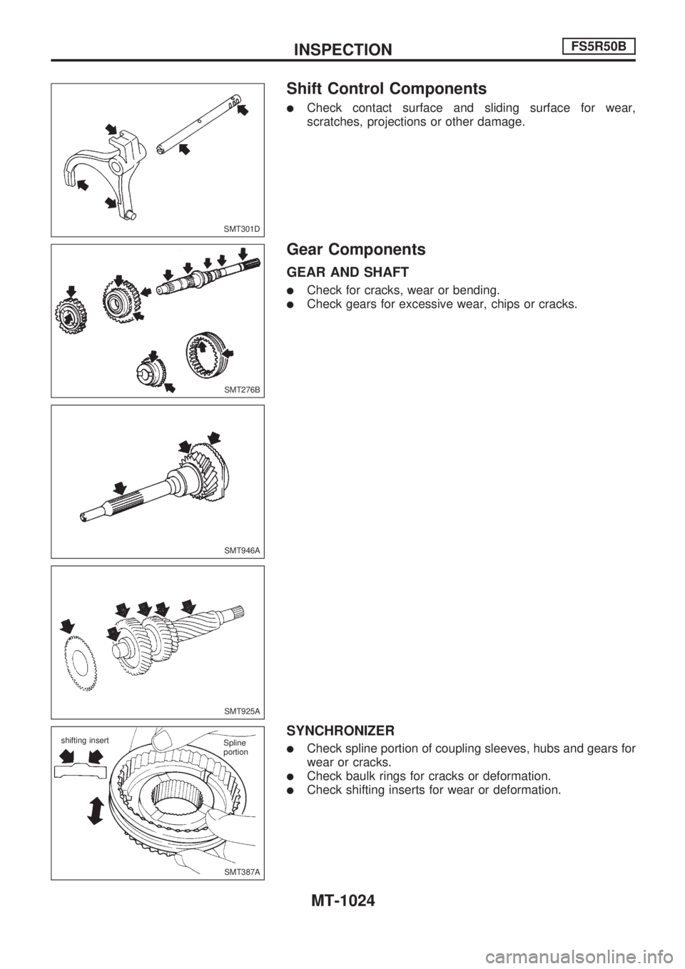 NISSAN PATROL 2000  Electronic Repair Manual Shift Control Components
lCheck contact surface and sliding surface for wear,
scratches, projections or other damage.
Gear Components
GEAR AND SHAFT
lCheck for cracks, wear or bending.
lCheck gears fo