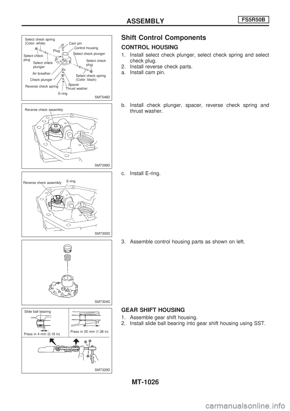 NISSAN PATROL 2000  Electronic Repair Manual Shift Control Components
CONTROL HOUSING
1. Install select check plunger, select check spring and select
check plug.
2. Install reverse check parts.
a. Install cam pin.
b. Install check plunger, space